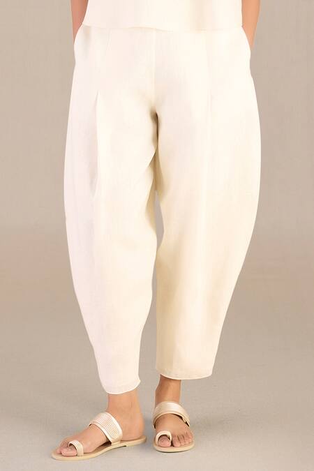 Buy_Ampm_Ivory Linen Round Neck Abstract Print Top And Dhoti Pant Set