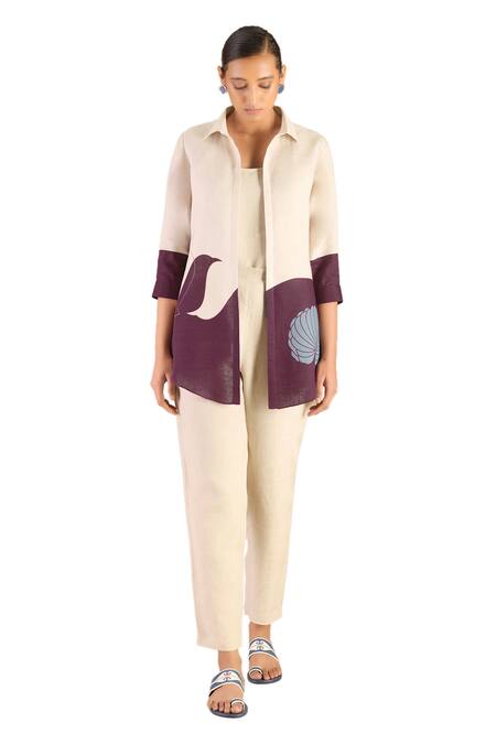 Shop_Ampm_Beige Linen Collared Tara Abstract Pattern Shirt Pant Set_Online_at_Aza_Fashions