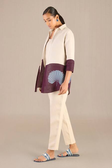 Ampm_Beige Linen Collared Tara Abstract Pattern Shirt Pant Set_at_Aza_Fashions