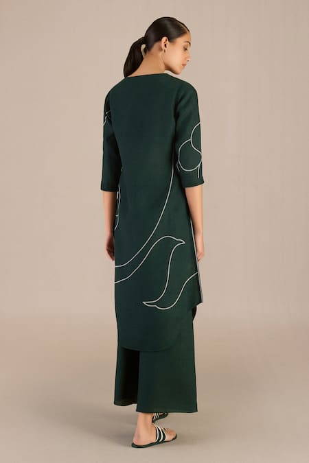 Shop Ampm Green Linen Collared Abstract Print Tunic And Palazzo Set at Aza Fashions Shop_Ampm_Green Linen Collared Abstract Print Tunic And Palazzo Set_at_Aza_Fashions
