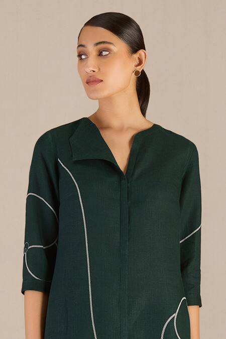 Ampm Green Linen Collared Abstract Print Tunic And Palazzo Set Online at Aza Fashions Ampm_Green Linen Collared Abstract Print Tunic And Palazzo Set_Online_at_Aza_Fashions