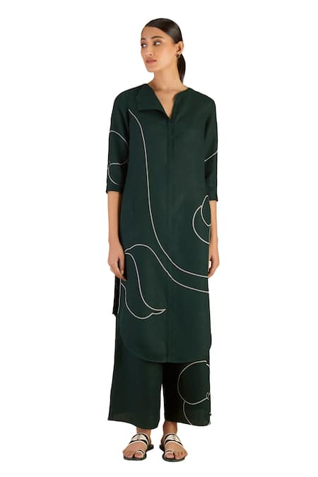 Buy Ampm Green Linen Collared Abstract Print Tunic And Palazzo Set Online at Aza Fashions Buy_Ampm_Green Linen Collared Abstract Print Tunic And Palazzo Set_Online_at_Aza_Fashions