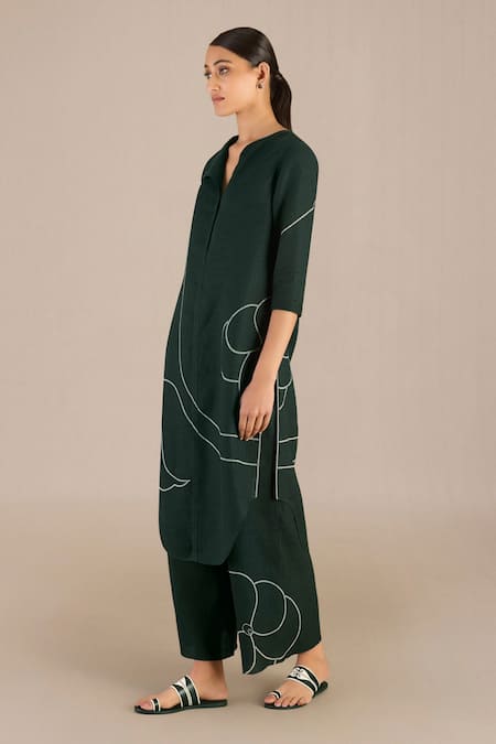 Shop Ampm Green Linen Collared Abstract Print Tunic And Palazzo Set Online at Aza Fashions Shop_Ampm_Green Linen Collared Abstract Print Tunic And Palazzo Set_Online_at_Aza_Fashions