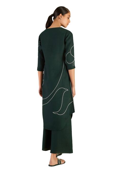 Ampm Green Linen Collared Abstract Print Tunic And Palazzo Set at Aza Fashions Ampm_Green Linen Collared Abstract Print Tunic And Palazzo Set_at_Aza_Fashions