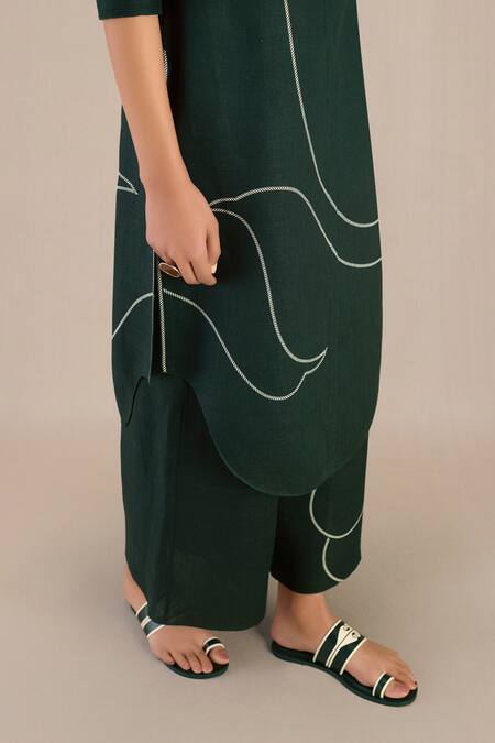 Buy Ampm Green Linen Collared Abstract Print Tunic And Palazzo Set Buy_Ampm_Green Linen Collared Abstract Print Tunic And Palazzo Set