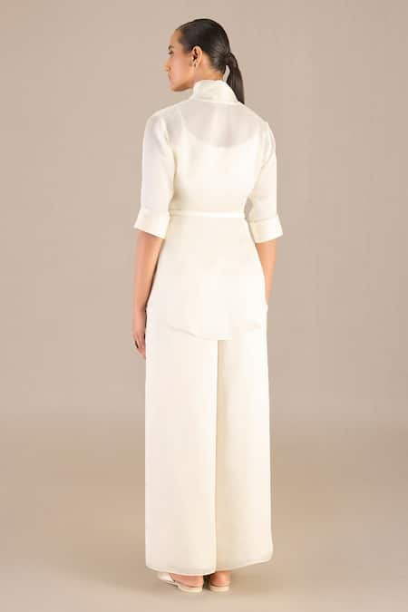 Shop_Ampm_Ivory Satin, Organza Buckles Mana Solid Shawl Lapel Collar Throw Set _at_Aza_Fashions