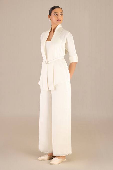 Buy_Ampm_Ivory Satin, Organza Buckles Mana Solid Shawl Lapel Collar Throw Set _Online_at_Aza_Fashions