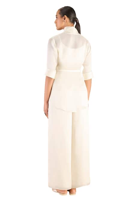 Shop_Ampm_Ivory Satin, Organza Buckles Mana Solid Shawl Lapel Collar Throw Set _Online_at_Aza_Fashions