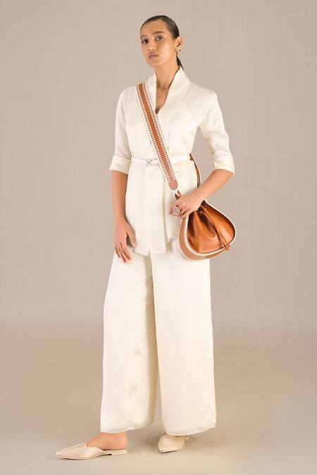 Ampm_Ivory Satin, Organza Buckles Mana Solid Shawl Lapel Collar Throw Set _at_Aza_Fashions