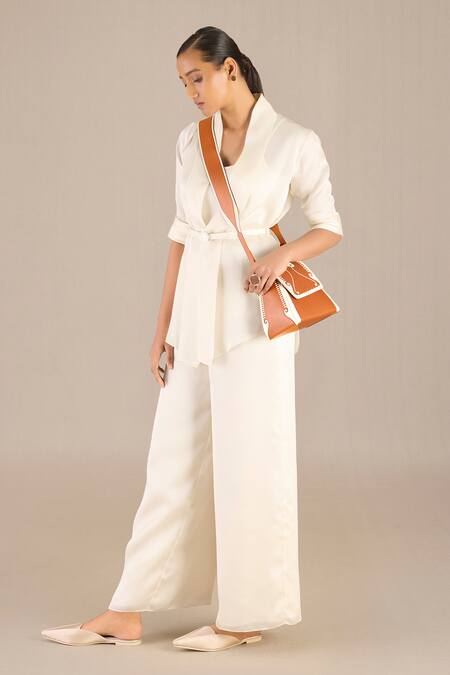 Buy_Ampm_Ivory Satin, Organza Buckles Mana Solid Shawl Lapel Collar Throw Set 