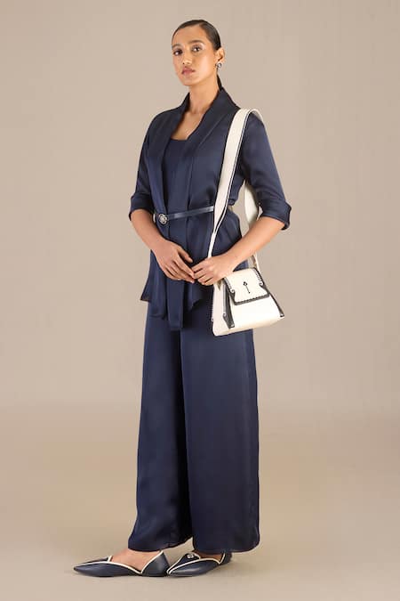 Shop_Ampm_Blue Satin, Organza Buckles Shawl Neck Mana Lapel Collar Throw Set 