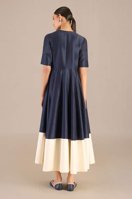 Shop Ampm Blue Silk V-neck Alizeh Colorblocked Midi Dress With Belt at Aza Fashions Shop_Ampm_Blue Silk V-neck Alizeh Colorblocked Midi Dress With Belt _at_Aza_Fashions