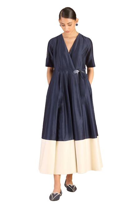 Ampm Blue Silk V-neck Alizeh Colorblocked Midi Dress With Belt Online at Aza Fashions Ampm_Blue Silk V-neck Alizeh Colorblocked Midi Dress With Belt _Online_at_Aza_Fashions