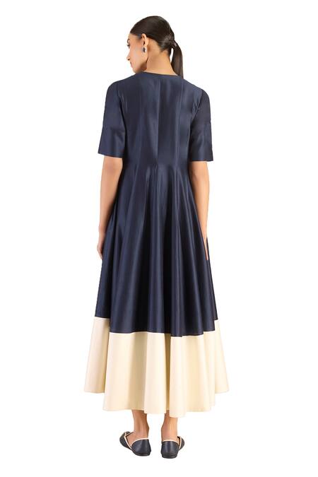 Shop Ampm Blue Silk V-neck Alizeh Colorblocked Midi Dress With Belt Online at Aza Fashions Shop_Ampm_Blue Silk V-neck Alizeh Colorblocked Midi Dress With Belt _Online_at_Aza_Fashions
