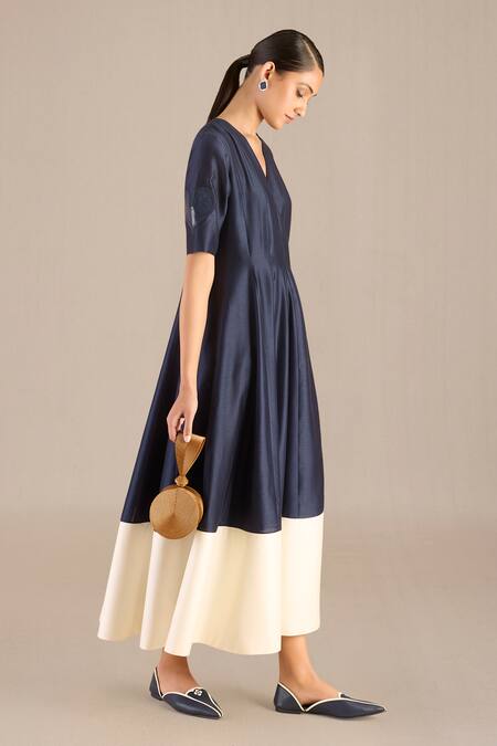 Ampm Blue Silk V-neck Alizeh Colorblocked Midi Dress With Belt at Aza Fashions Ampm_Blue Silk V-neck Alizeh Colorblocked Midi Dress With Belt _at_Aza_Fashions