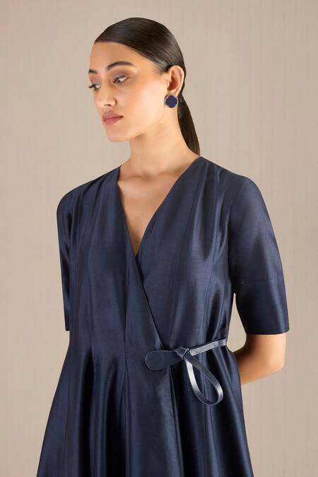 Buy Ampm Blue Silk V-neck Alizeh Colorblocked Midi Dress With Belt Buy_Ampm_Blue Silk V-neck Alizeh Colorblocked Midi Dress With Belt