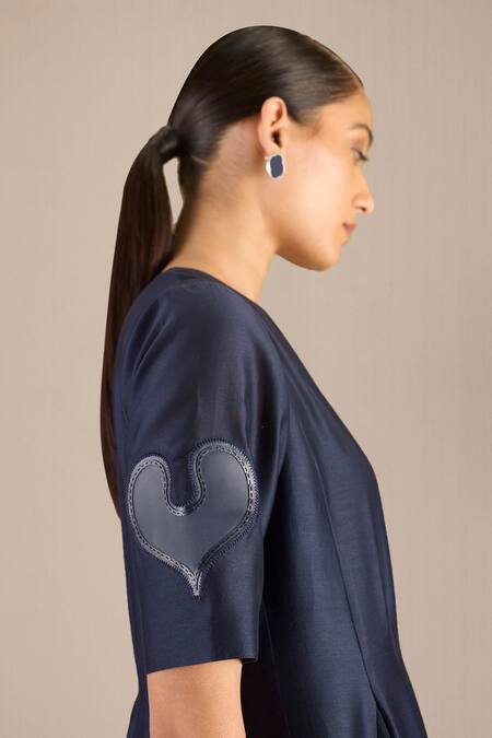 Shop Ampm Blue Silk V-neck Alizeh Colorblocked Midi Dress With Belt Shop_Ampm_Blue Silk V-neck Alizeh Colorblocked Midi Dress With Belt