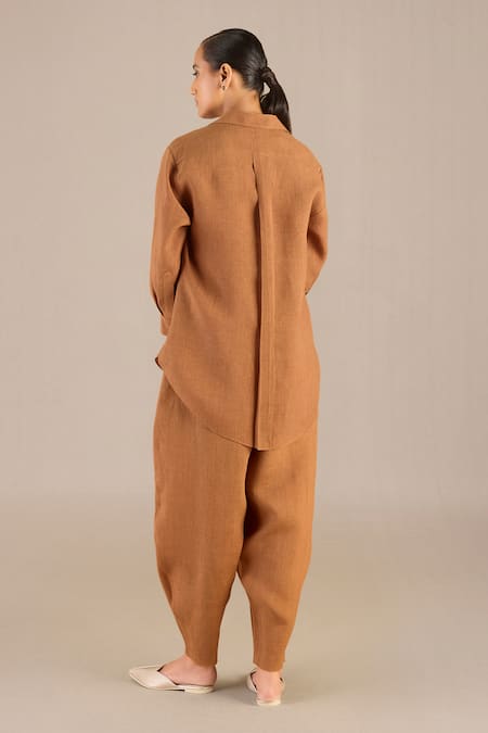 Shop Ampm Brown Linen Buckles Collared Elizah Solid Shirt Dhoti Pant Set at Aza Fashions Shop_Ampm_Brown Linen Buckles Collared Elizah Solid Shirt Dhoti Pant Set _at_Aza_Fashions