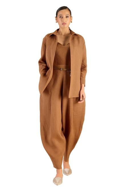 Ampm Brown Linen Buckles Collared Elizah Solid Shirt Dhoti Pant Set Online at Aza Fashions Ampm_Brown Linen Buckles Collared Elizah Solid Shirt Dhoti Pant Set _Online_at_Aza_Fashions