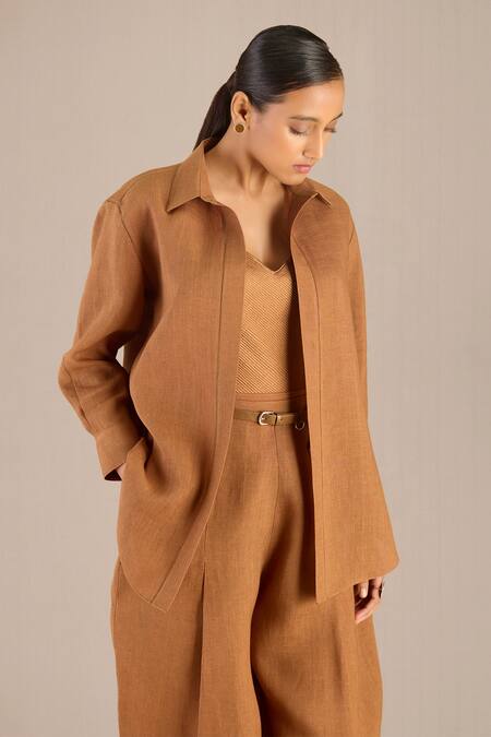 Ampm Brown Linen Buckles Collared Elizah Solid Shirt Dhoti Pant Set at Aza Fashions Ampm_Brown Linen Buckles Collared Elizah Solid Shirt Dhoti Pant Set _at_Aza_Fashions