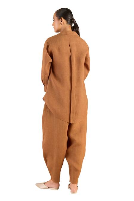 Shop Ampm Brown Linen Buckles Collared Elizah Solid Shirt Dhoti Pant Set Shop_Ampm_Brown Linen Buckles Collared Elizah Solid Shirt Dhoti Pant Set