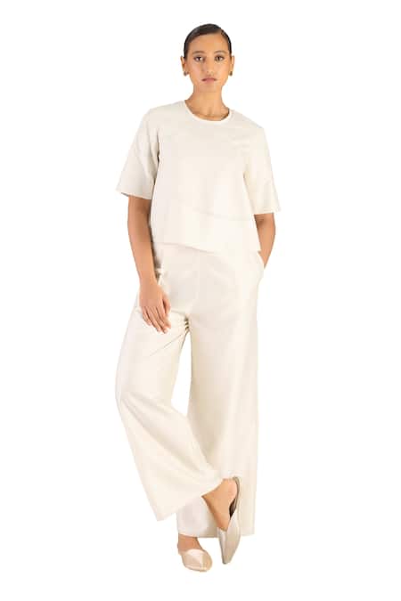 Ampm_Ivory Chanderi Round Neck Lea Self Design Top With Pant_Online_at_Aza_Fashions