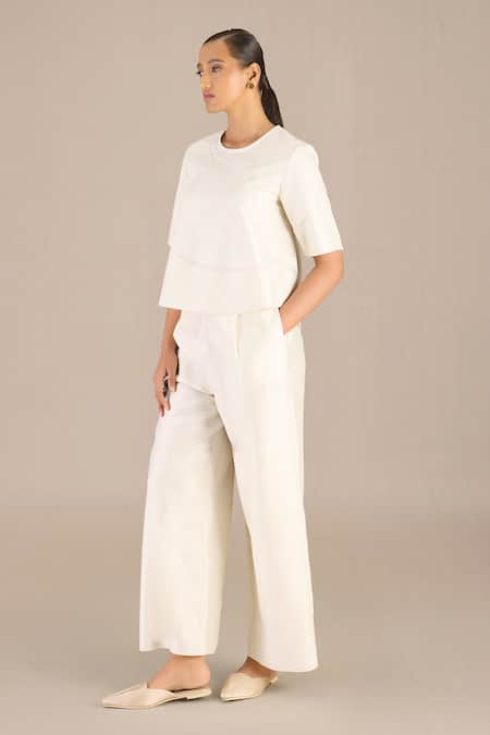 Buy_Ampm_Ivory Chanderi Round Neck Lea Self Design Top With Pant_Online_at_Aza_Fashions