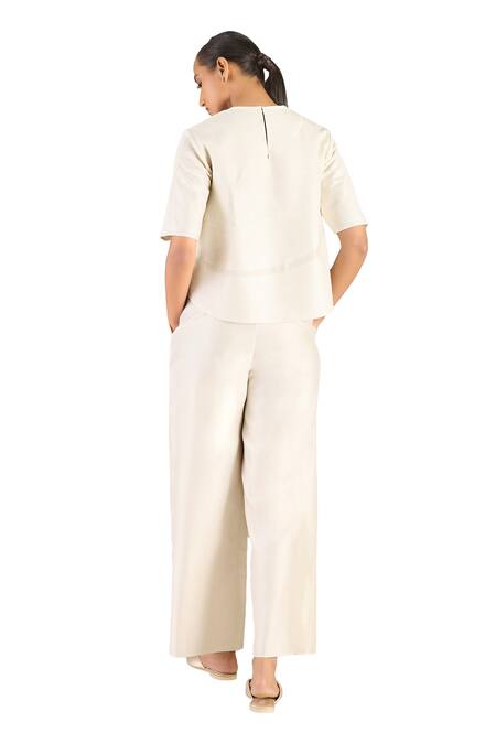 Shop_Ampm_Ivory Chanderi Round Neck Lea Self Design Top With Pant_Online_at_Aza_Fashions