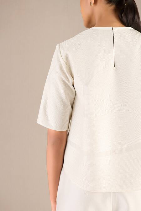 Ampm_Ivory Chanderi Round Neck Lea Self Design Top With Pant_at_Aza_Fashions