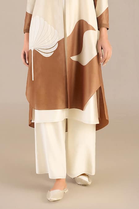 Ampm_Beige Chanderi Embroidery Mandarin Collar Blossom Print Jacket Palazzo Set_Online_at_Aza_Fashions