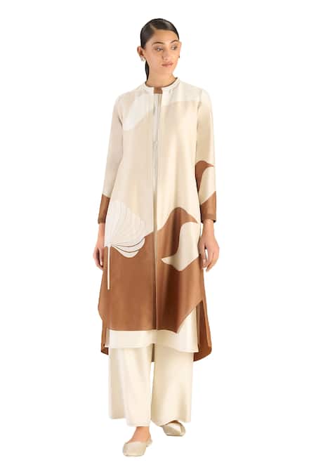 Shop_Ampm_Beige Chanderi Embroidery Mandarin Collar Blossom Print Jacket Palazzo Set_Online_at_Aza_Fashions