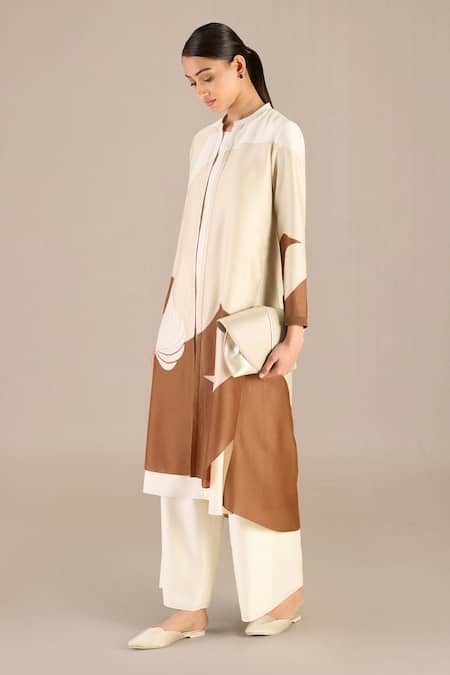 Ampm_Beige Chanderi Embroidery Mandarin Collar Blossom Print Jacket Palazzo Set_at_Aza_Fashions