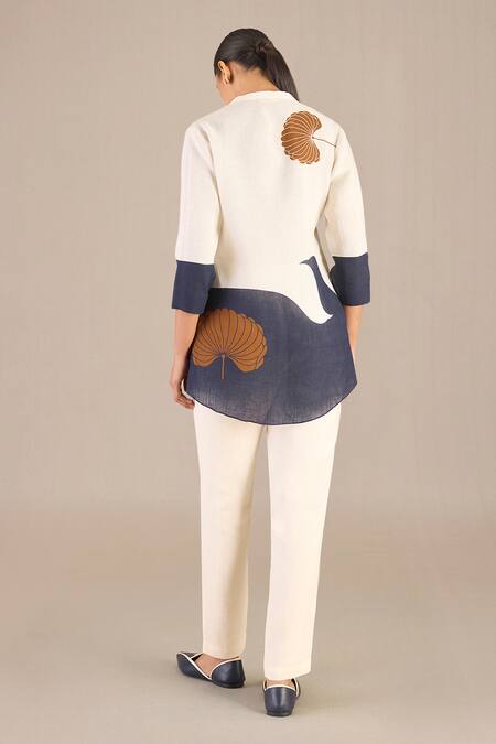 Shop Ampm Ivory Linen Scoop Neck Fleur Print Colorblocked Shirt And Pant at Aza Fashions Shop_Ampm_Ivory Linen Scoop Neck Fleur Print Colorblocked Shirt And Pant_at_Aza_Fashions