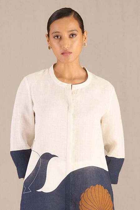 Ampm Ivory Linen Scoop Neck Fleur Print Colorblocked Shirt And Pant Online at Aza Fashions Ampm_Ivory Linen Scoop Neck Fleur Print Colorblocked Shirt And Pant_Online_at_Aza_Fashions