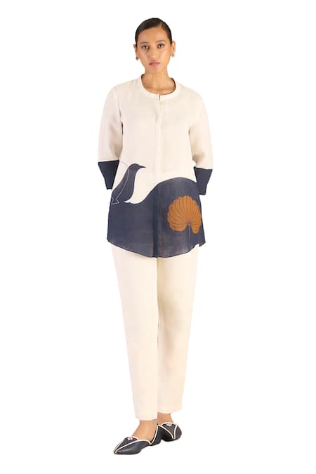 Shop Ampm Ivory Linen Scoop Neck Fleur Print Colorblocked Shirt And Pant Online at Aza Fashions Shop_Ampm_Ivory Linen Scoop Neck Fleur Print Colorblocked Shirt And Pant_Online_at_Aza_Fashions