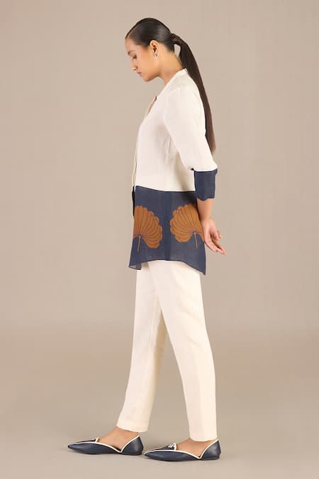Ampm Ivory Linen Scoop Neck Fleur Print Colorblocked Shirt And Pant at Aza Fashions Ampm_Ivory Linen Scoop Neck Fleur Print Colorblocked Shirt And Pant_at_Aza_Fashions