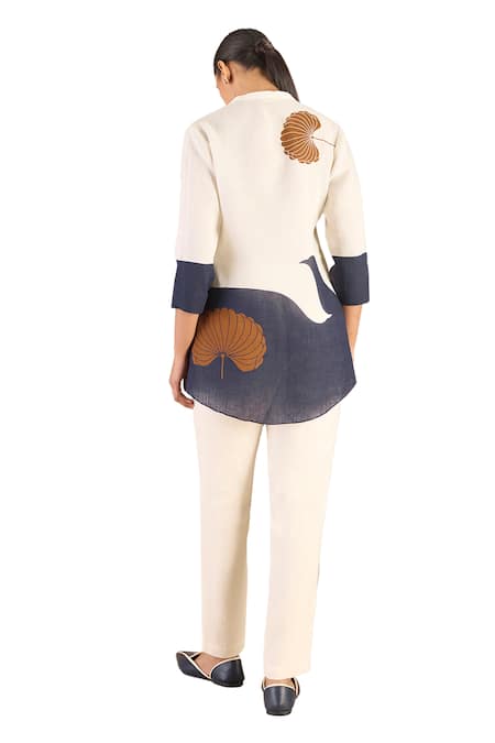 Buy Ampm Ivory Linen Scoop Neck Fleur Print Colorblocked Shirt And Pant Buy_Ampm_Ivory Linen Scoop Neck Fleur Print Colorblocked Shirt And Pant