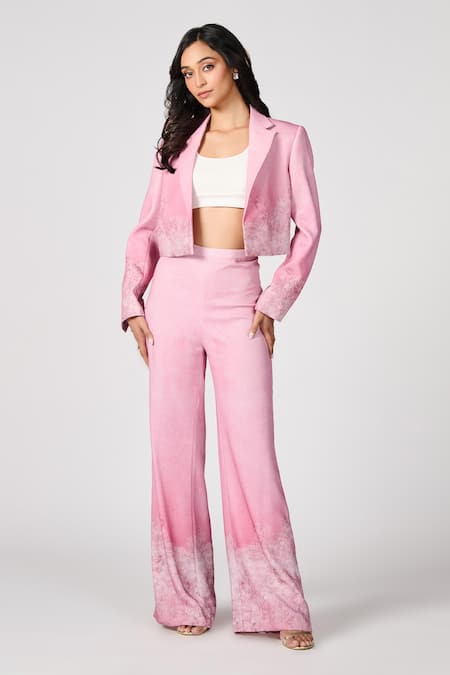 S&N By Shantnu Nikhil_Pink Collared Floral Geometric Print Cropped Jacket_Online_at_Aza_Fashions