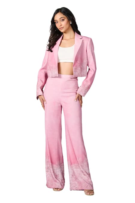 Buy_S&N By Shantnu Nikhil_Pink Collared Floral Geometric Print Cropped Jacket_Online_at_Aza_Fashions