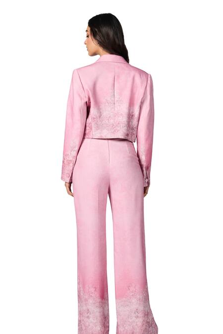 S&N By Shantnu Nikhil_Pink Collared Floral Geometric Print Cropped Jacket_at_Aza_Fashions