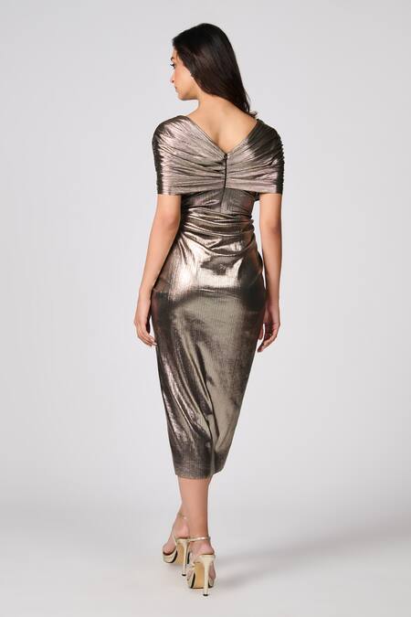 Shop S&N By Shantnu Nikhil Gold Lurex V-neck Metallic Pleated High-low Dress at Aza Fashions Shop_S&N By Shantnu Nikhil_Gold Lurex V-neck Metallic Pleated High-low Dress_at_Aza_Fashions