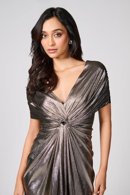 Buy S&N By Shantnu Nikhil Gold Lurex V-neck Metallic Pleated High-low Dress Online at Aza Fashions Buy_S&N By Shantnu Nikhil_Gold Lurex V-neck Metallic Pleated High-low Dress_Online_at_Aza_Fashions