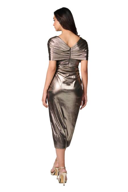S&N By Shantnu Nikhil Gold Lurex V-neck Metallic Pleated High-low Dress at Aza Fashions S&N By Shantnu Nikhil_Gold Lurex V-neck Metallic Pleated High-low Dress_at_Aza_Fashions