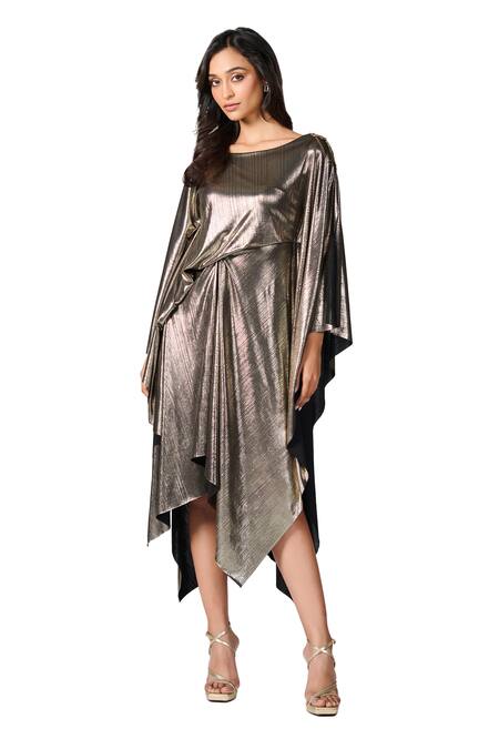 S&N By Shantnu Nikhil Gold Lurex Sequins Boat Neck Metallic Asymmetric Dress Online at Aza Fashions S&N By Shantnu Nikhil_Gold Lurex Sequins Boat Neck Metallic Asymmetric Dress_Online_at_Aza_Fashions