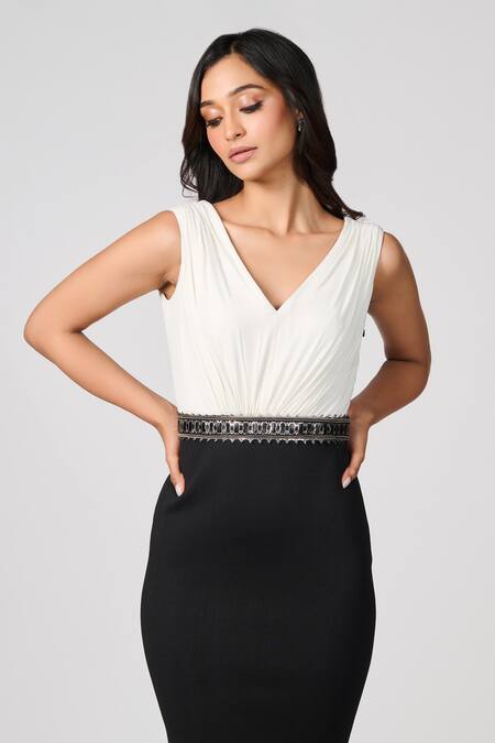 Shop_S&N By Shantnu Nikhil_Black Crepe, Viscose, Polyester, Neoprene Beads Colourblock Embellished Dress_Online_at_Aza_Fashions