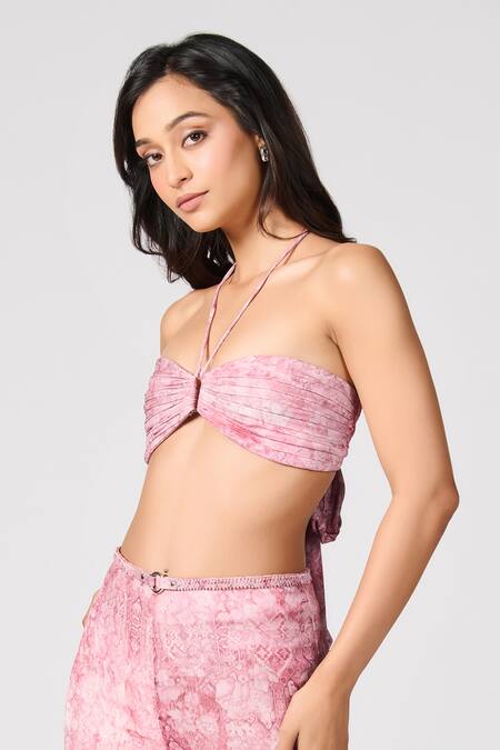 Shop_S&N By Shantnu Nikhil_Pink Jersey Halter Neck Floral Print Bustier_Online_at_Aza_Fashions