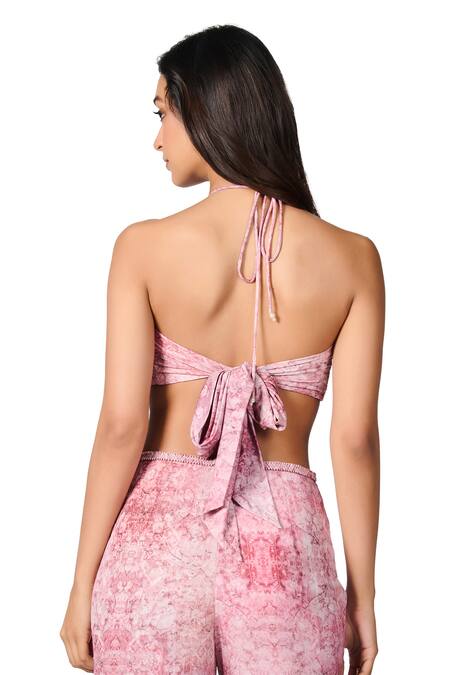 S&N By Shantnu Nikhil_Pink Jersey Halter Neck Floral Print Bustier_at_Aza_Fashions