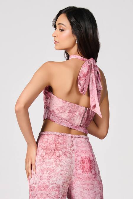 Shop_S&N By Shantnu Nikhil_Pink Chiffon Halter Neck Floral Print Side Tie Bustier _at_Aza_Fashions