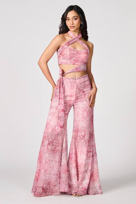 S&N By Shantnu Nikhil_Pink Chiffon Halter Neck Floral Print Side Tie Bustier _Online_at_Aza_Fashions