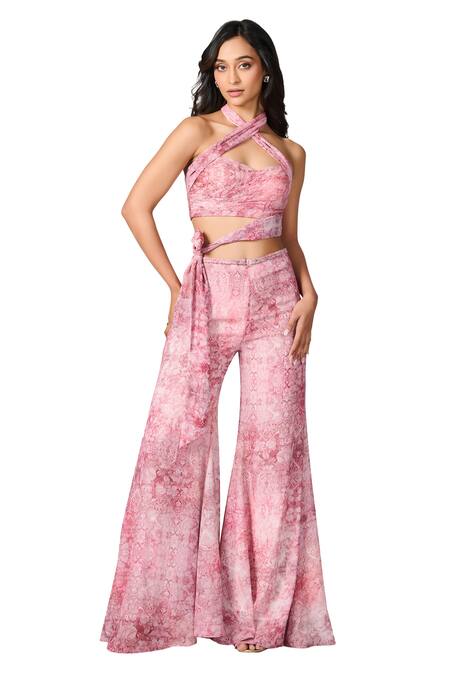 Buy_S&N By Shantnu Nikhil_Pink Chiffon Halter Neck Floral Print Side Tie Bustier _Online_at_Aza_Fashions
